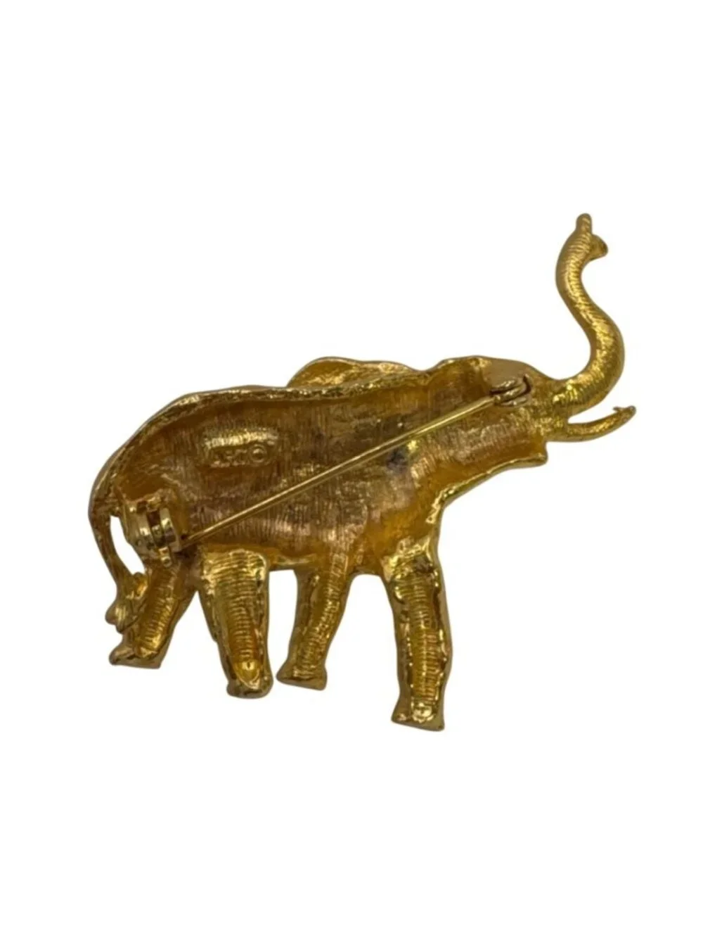 Gold Tone Elephant Vtg Brooch Pin Textured Trunk Up Animal Statement Jewelry